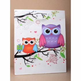Glossy White Owl Gift Bag with white corded handles