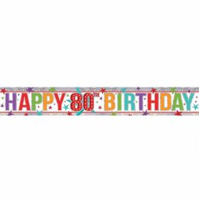 Multi Colour 80th Birthday Holographic Foil Banner 2.7m