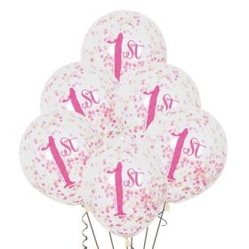 Pink and Gold 1st Birthday Balloons pk6 with Confetti