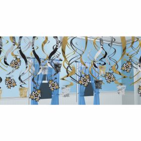 Happy New Year Black, Silver & Gold Hanging Swirls Decorations