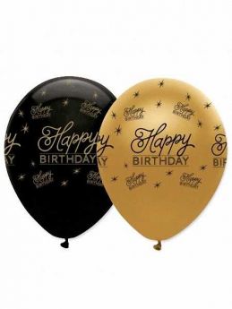 Happy Birthday Gold and Black Balloons pk6