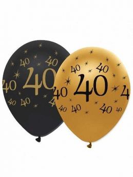 40th Gold and Black Balloons pk6