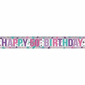 Pink Happy 50th Birthday Holographic Foil Banner 2.7m