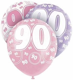 Age 90 Pink glitz balloons, 12 ins, pk6