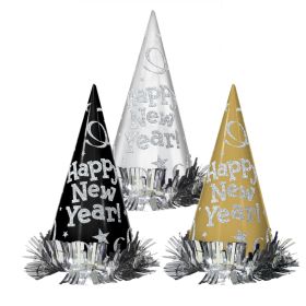 Black Silver Gold New Year Cone Hats 23cm pk12