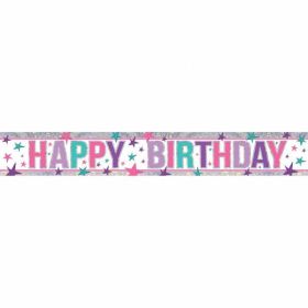 Pink Happy Birthday Holographic Foil Banner 2.7m