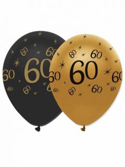 60th Gold and Black Balloons pk6
