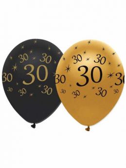 30th Gold and Black Balloons pk6