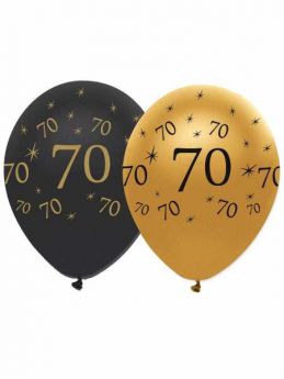 70th Gold and Black Balloons pk6