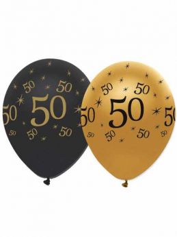 50th Gold and Black Balloons pk6