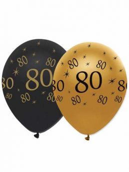 80th Gold and Black Balloons pk6