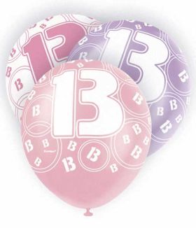 Age 13 Pink glitz balloons, 12 ins, pk6
