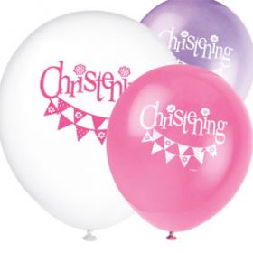 Christening Pink Bunting Party Latex Balloons Pk8