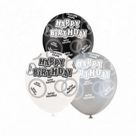 Black Glitz Happy Birthday All Over Print Party Balloons 6pk