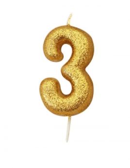 Number 3 Glitter Numeral Gold Moulded Candle 