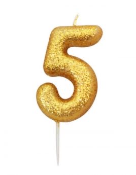 Number 5 Glitter Numeral Gold Moulded Candle 