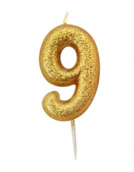 Number 9 Glitter Numeral Gold Moulded Candle 