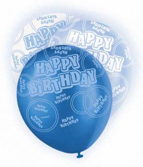 Blue Glitz Happy Birthday All Over Print Party Balloons 6pk
