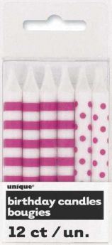 Hot Pink Stripe & Dot Birthday Candles, 12 Pack