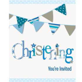 Christening Blue Bunting Party Invitations Pk8