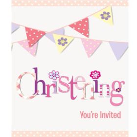 Christening Pink Bunting Party Invitations Pk8