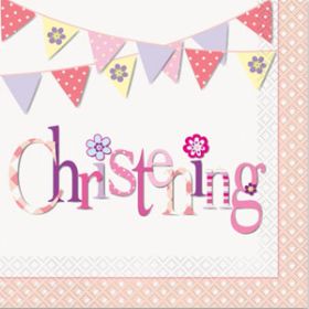 Christening Pink Bunting Party Napkins Pk16