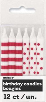 Red Stripe & Dot Birthday Candles, 12 Pack