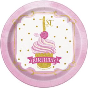 Pink & Gold 1st birthday plates 7'' pk8