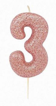 Age 3 Glitter Numeral Moulded Pick Candle Rose  Gold