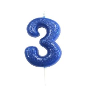 Age 3 Glitter Numeral Moulded Pick Candle Blue