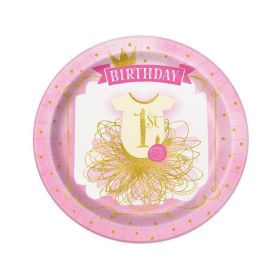 Pink & Gold 1st Birthday plates, 9'' pk8
