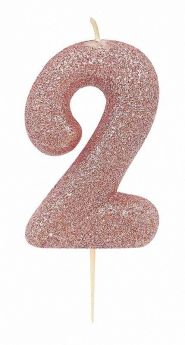 Age 2 Glitter Numeral Moulded Pick Candle Rose  Gold