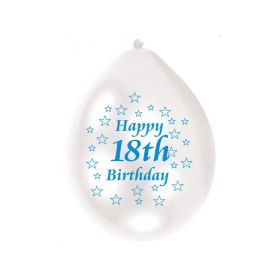 Happy 18th Birthday Blue/White Colours Latex Balloons, pk10