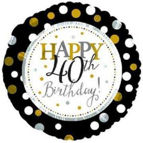 Black & Gold Dots Happy 40th Birthday Foil Balloon 18"