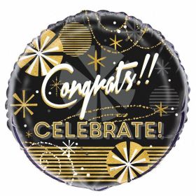 Jazzy Black & Gold Round Foil Helium Balloon ''Congratulations''