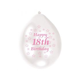 Happy 18th Birthday Pink/White Latex Balloons, pk10