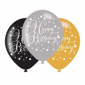 Gold Sparkling Celebration Happy Birthday Latex Balloons, pk6
