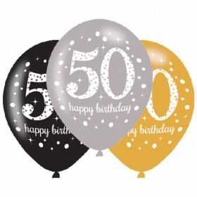 Gold Sparkling Celebration 50th Latex Balloons, pk6