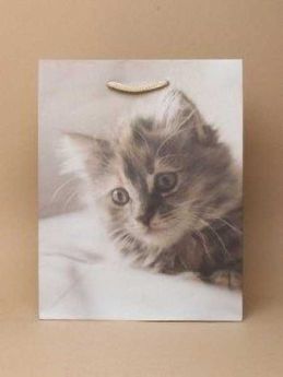 Grey Cat Print White Gift Bag