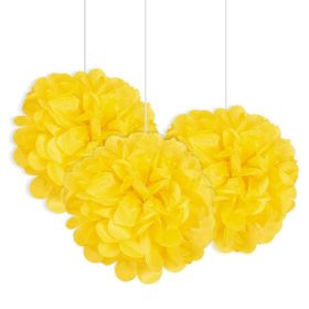 Yellow Paper Puff Ball Hanging Party Decorations pk3